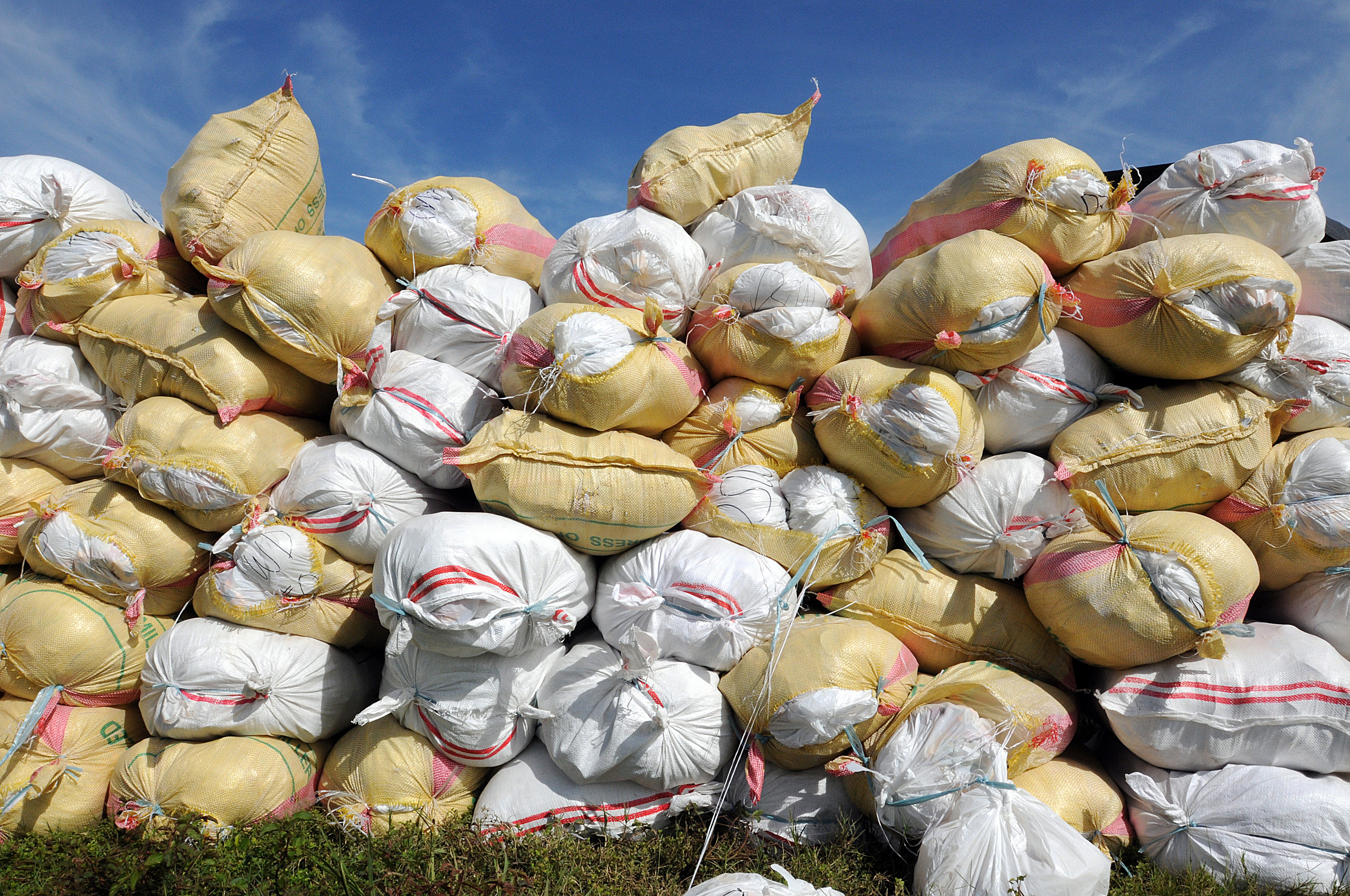 Stacked rice sacks cargo